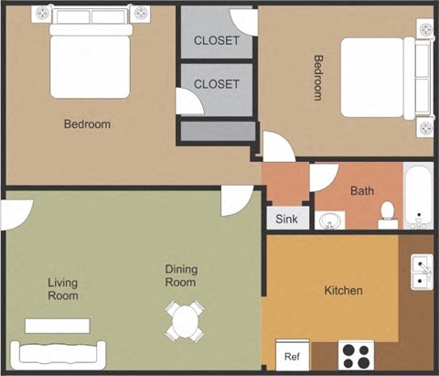 Floor plan for 2 beds, 1 bath, 910 sqft
